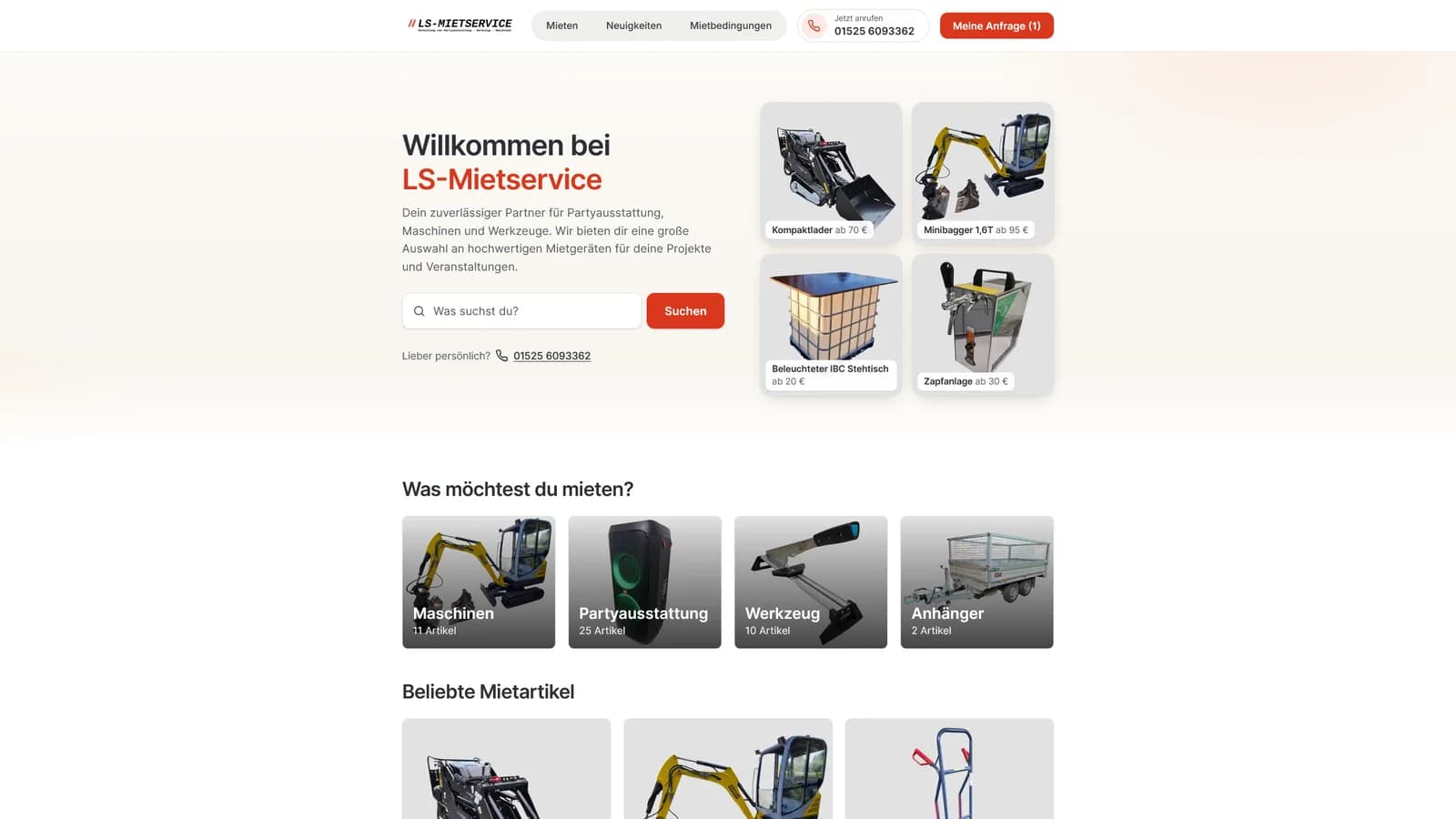 Startseite von LS-Mietservice mit Mietartikeln wie Minibagger und Kompaktlader
