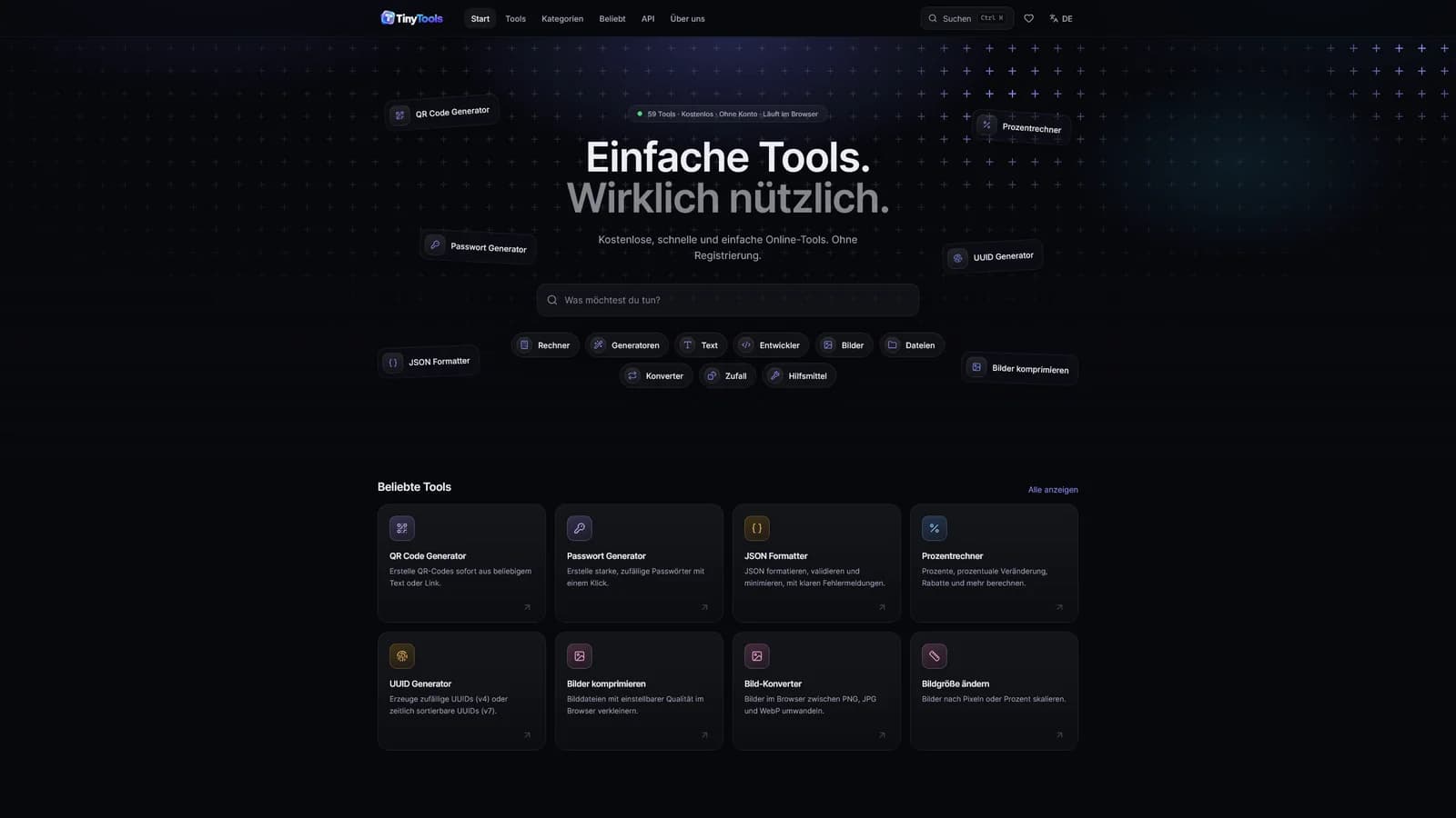 Startseite von TinyTools mit Suchfeld, Kategorien und beliebten Werkzeugen